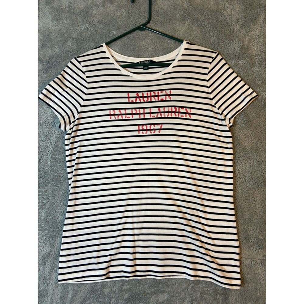 Lauren Ralph Lauren Short Sleeve Tee with Red Logo Large White Black Striped